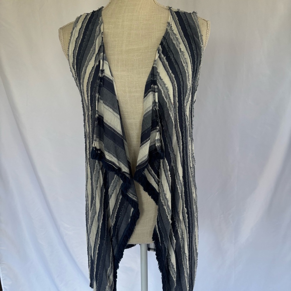 Open front sleeveless striped blue cardigan